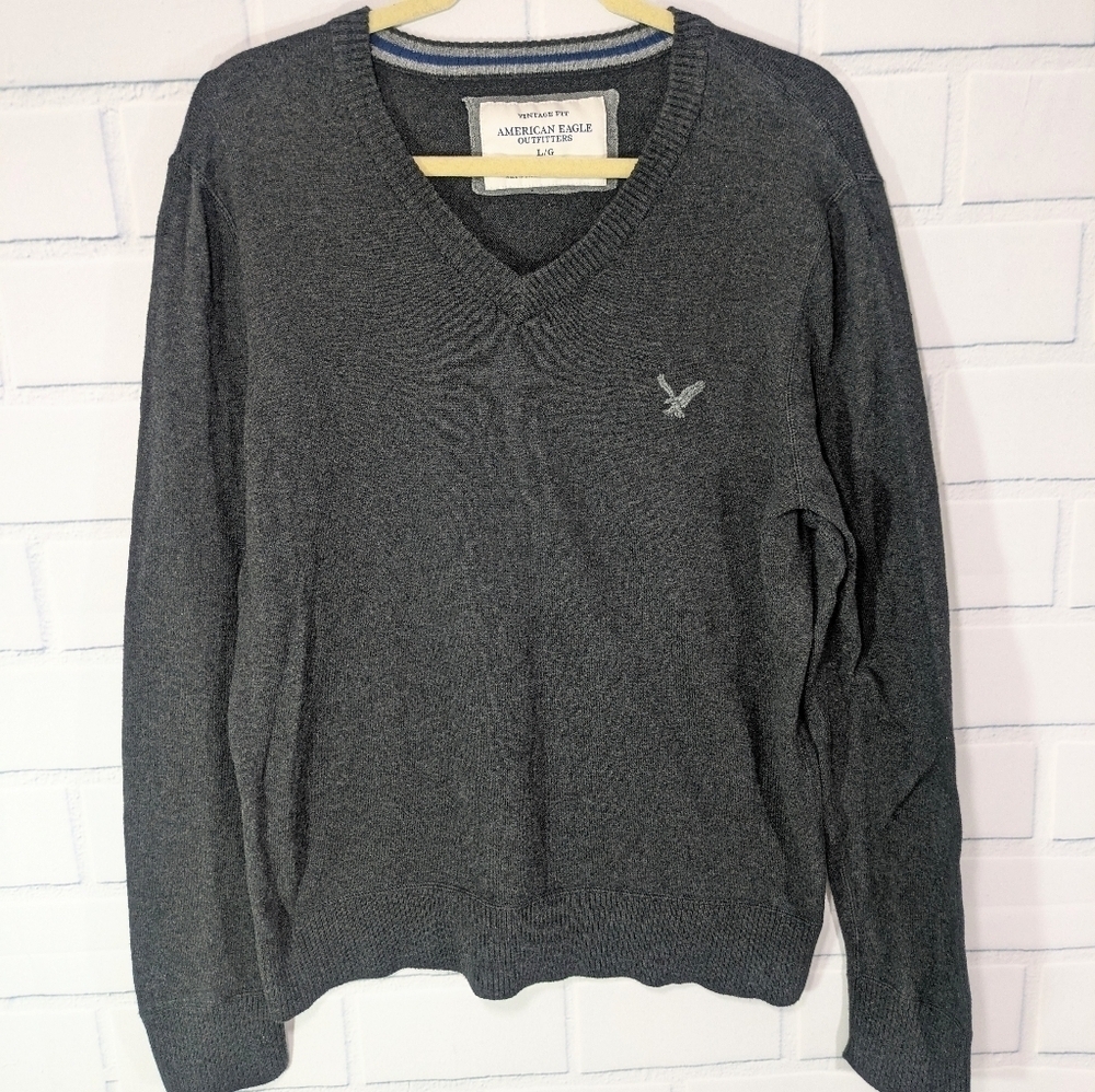 AEO Gray V-Neck Vintage Fot Cotton Sweater